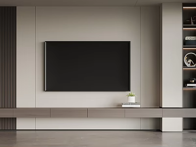 Minimalist Living Room TV Wall Design With Flat Screen TV Wooden Stand And Decorative Shelving 3d model