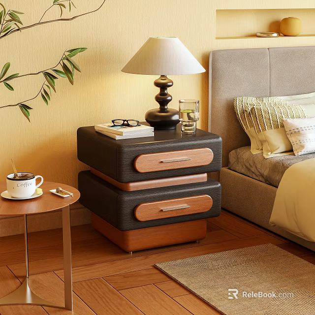 Modern Black And Wooden Nightstand With Two Drawers Table Lamp Books Glasses And Water Glass 3d model 