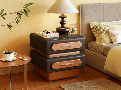 Modern Black And Wooden Nightstand With Two Drawers Table Lamp Books Glasses And Water Glass 3d model
