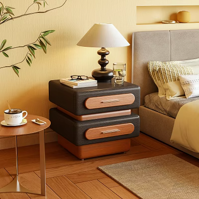 Modern Black And Wooden Nightstand With Two Drawers Table Lamp Books Glasses And Water Glass 3d model
