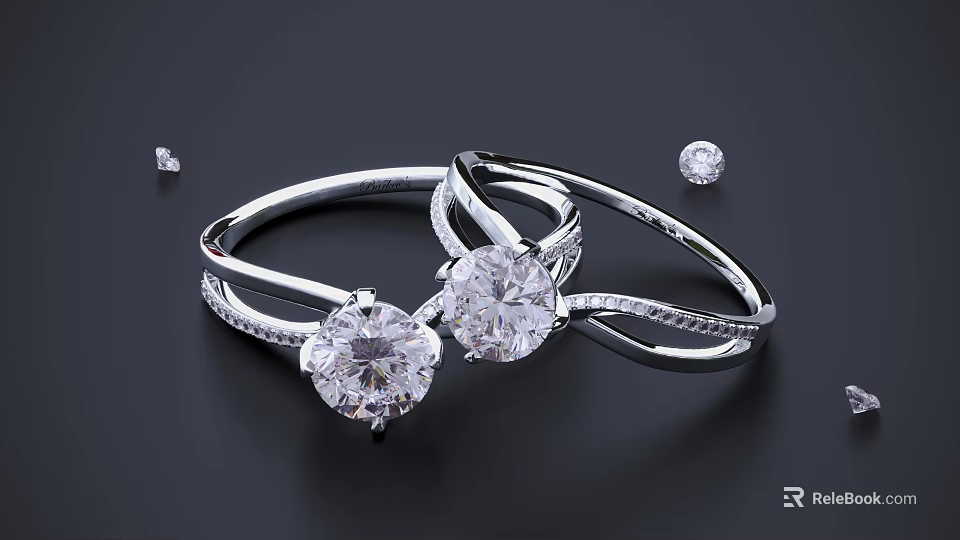 Sparkling Diamond Rings With Large Center Stones And Small Inlaid Gems On Silver Bands 3d model 