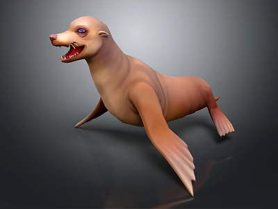 Realistic 3D Model of Brown Seal With Open Mouth and Sharp Teeth on Dark Background 3d model