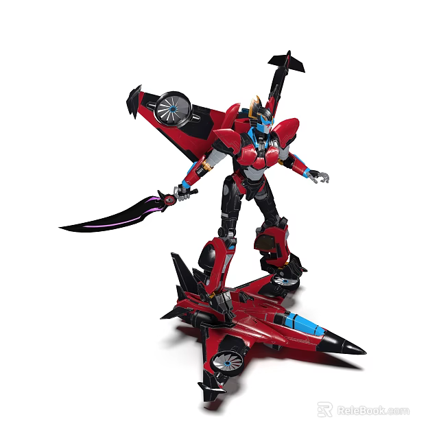 Smart Machine Robot With Red Body Wings And Sword Standing On Airplane Base 3d model 