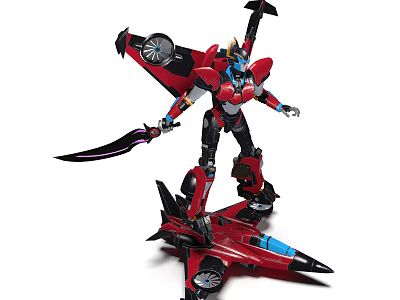 Smart Machine Robot With Red Body Wings And Sword Standing On Airplane Base 3d model
