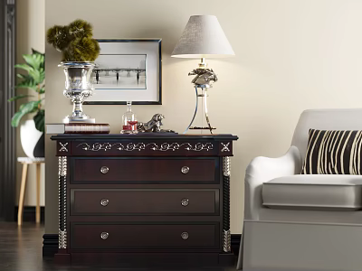 Dark Wood Entryway Console Table With Drawers Silver Vase Lamp Framed Picture Green Plant By Sofa 3d model