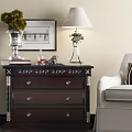 Dark Wood Entryway Console Table With Drawers Silver Vase Lamp Framed Picture Green Plant By Sofa