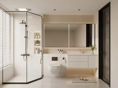 Modern Bathroom Interior With Glass Shower Vanity Cabinets And Toilet 3d model