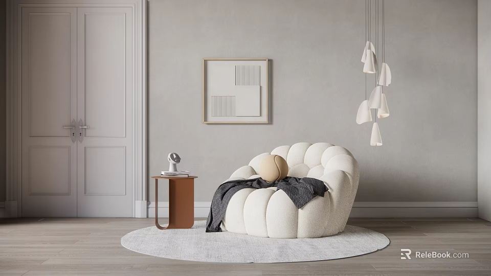 Modern White Sectional Sofa with Gray Wall Wooden Floor and Round Rug in Living Room 3d model 