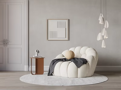 Modern White Sectional Sofa with Gray Wall Wooden Floor and Round Rug in Living Room 3d model