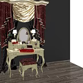 Elegant Classic Dressing Table With Round Mirror Table Lamps Upholstered Stool And Red Gold Curtains