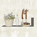Stylish Decorative Ornaments Set with Wicker Basket White Flowers Bottle Books and Figurine on Shelf