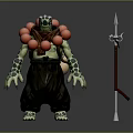 Turtle Humanoid Character With Green Spotted Skin Red Ball Necklace Black Pants And Spear Beside