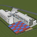 Modern School Building With Red Running Track And Blue Sports Field 3d model