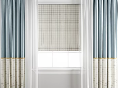 Teal Two Tone Curtains With Gold Trim Checkered Bottom Panels And Sheer Window Interior 3d model