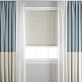 Teal Two Tone Curtains With Gold Trim Checkered Bottom Panels And Sheer Window Interior