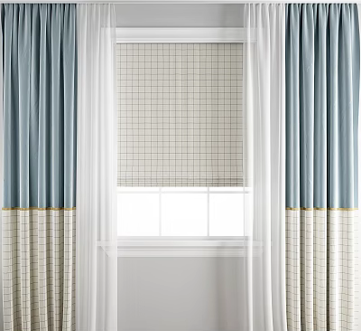 Teal Two Tone Curtains With Gold Trim Checkered Bottom Panels And Sheer Window Interior 3d model