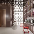 Modern Collectibles Display Interior With Wall Shelves Dolls Red Chairs And Table
