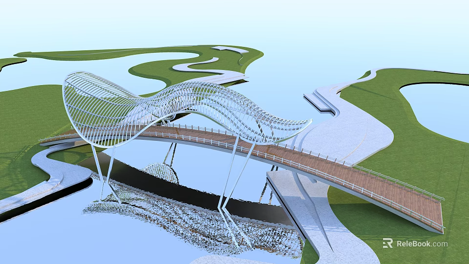 Modern Scenic Bridge with Curved Metal Frame Wooden Deck Over Water and Green Landscape Area 3d model 