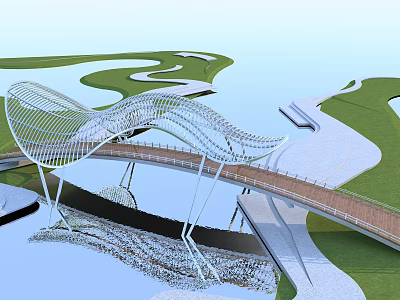 Modern Scenic Bridge with Curved Metal Frame Wooden Deck Over Water and Green Landscape Area 3d model