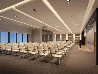 Spacious Modern Conference Room With White Chairs Large Windows And Lighting 3d model