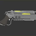 Futuristic Sci Fi Weapon with Silver Metallic Body Yellow Glowing Strips and Brown Grip