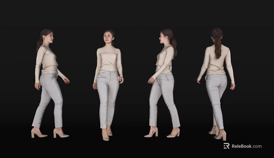 Elegant Woman in Beige Top and Light Pants Showing Four Different Poses and Angles 3d model 