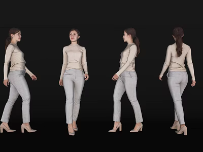 Elegant Woman in Beige Top and Light Pants Showing Four Different Poses and Angles 3d model