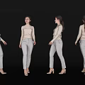 Elegant Woman in Beige Top and Light Pants Showing Four Different Poses and Angles