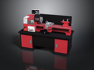 Red Lathe Machine With Digital Control Panel On Workbench With Red Cabinets 3d model