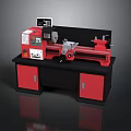 Red Lathe Machine With Digital Control Panel On Workbench With Red Cabinets