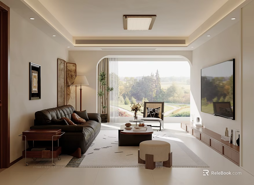 Modern Living Room Interior With Black Leather Sofa Coffee Table And Scenic View 3d model 
