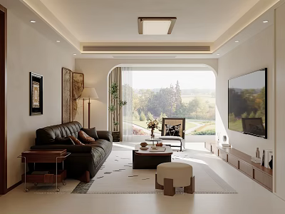 Modern Living Room Interior With Black Leather Sofa Coffee Table And Scenic View 3d model