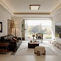 Modern Living Room Interior With Black Leather Sofa Coffee Table And Scenic View
