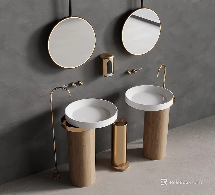 Elegant Modern Bathroom Interior With Double Sinks Round Mirrors Gold Faucets And Wooden Bases 3d model 