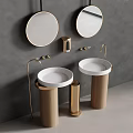 Elegant Modern Bathroom Interior With Double Sinks Round Mirrors Gold Faucets And Wooden Bases