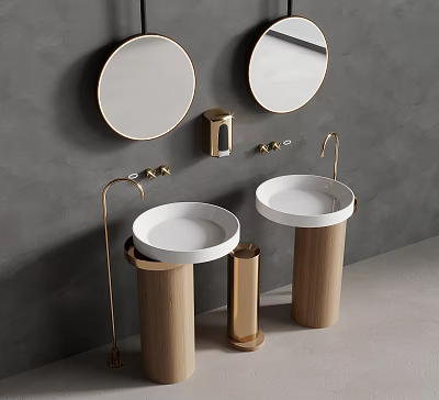 Elegant Modern Bathroom Interior With Double Sinks Round Mirrors Gold Faucets And Wooden Bases 3d model