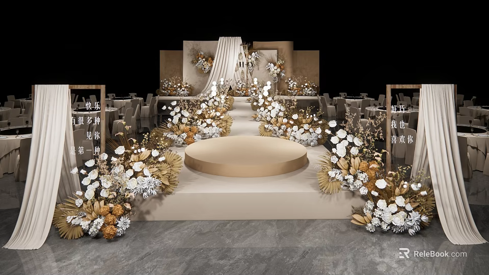 Elegant Wedding Banquet Hall With Round Stage And White Gold Floral Decorations 3d model 