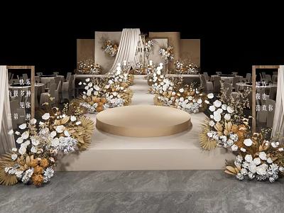 Elegant Wedding Banquet Hall With Round Stage And White Gold Floral Decorations 3d model