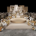 Elegant Wedding Banquet Hall With Round Stage And White Gold Floral Decorations