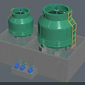 Industrial Green Cooling Towers With Concrete Base Yellow Ladders And Blue Valves