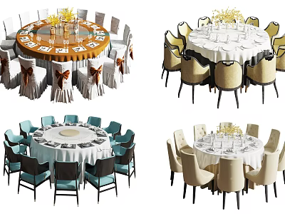Round Dining Table Set With Various Style Chairs Tablecloths And Decorative Flowers 3d model