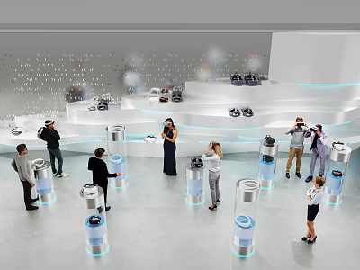 VR Experience Center Featuring People Using Cylindrical VR Pods In Modern Interactive Tech Space 3d model