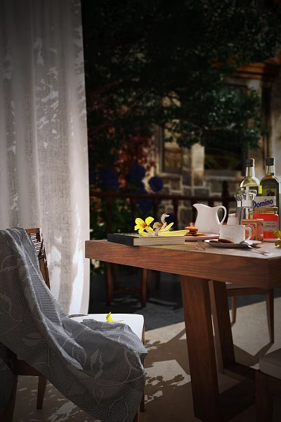 Wooden Dining Table With Flowers Book Teapot Wine Bottles Food And Outdoor View Through Curtain 3d model