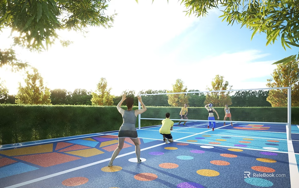 People Enjoying Volleyball Game On Colorful Sports Court Under Sunny Sky With Green Trees 3d model 