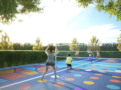 People Enjoying Volleyball Game On Colorful Sports Court Under Sunny Sky With Green Trees 3d model