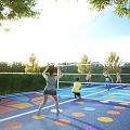 People Enjoying Volleyball Game On Colorful Sports Court Under Sunny Sky With Green Trees