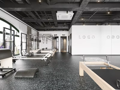 Modern Fitness Studio With Pilates Reformer Equipment And Training Space Interior 3d model
