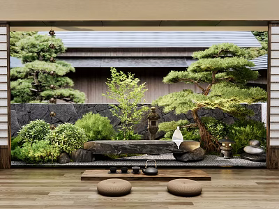 Japanese Style Courtyard Garden With Pine Trees Stone Elements And Zen Decor 3d model