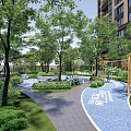 Residential Landscape With Tall Buildings Green Trees Lawns Blue Paved Path Exercise Equipment And Playground
