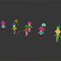 Colorful Cartoon Figures With Yellow Pink Hairstyles Holding Items In Various Poses